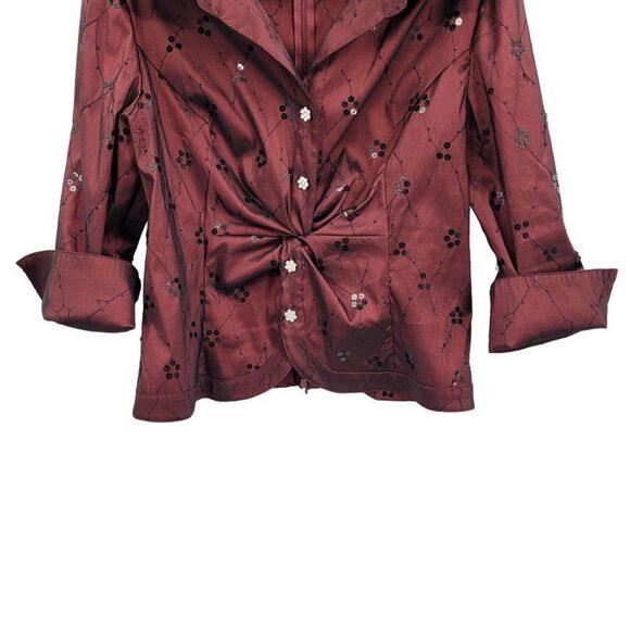 Vintage 90s Cachet Blouse 14 Oxblood Sequin Embroidered Rhinestone Buttons Glam - Picture 7 of 10